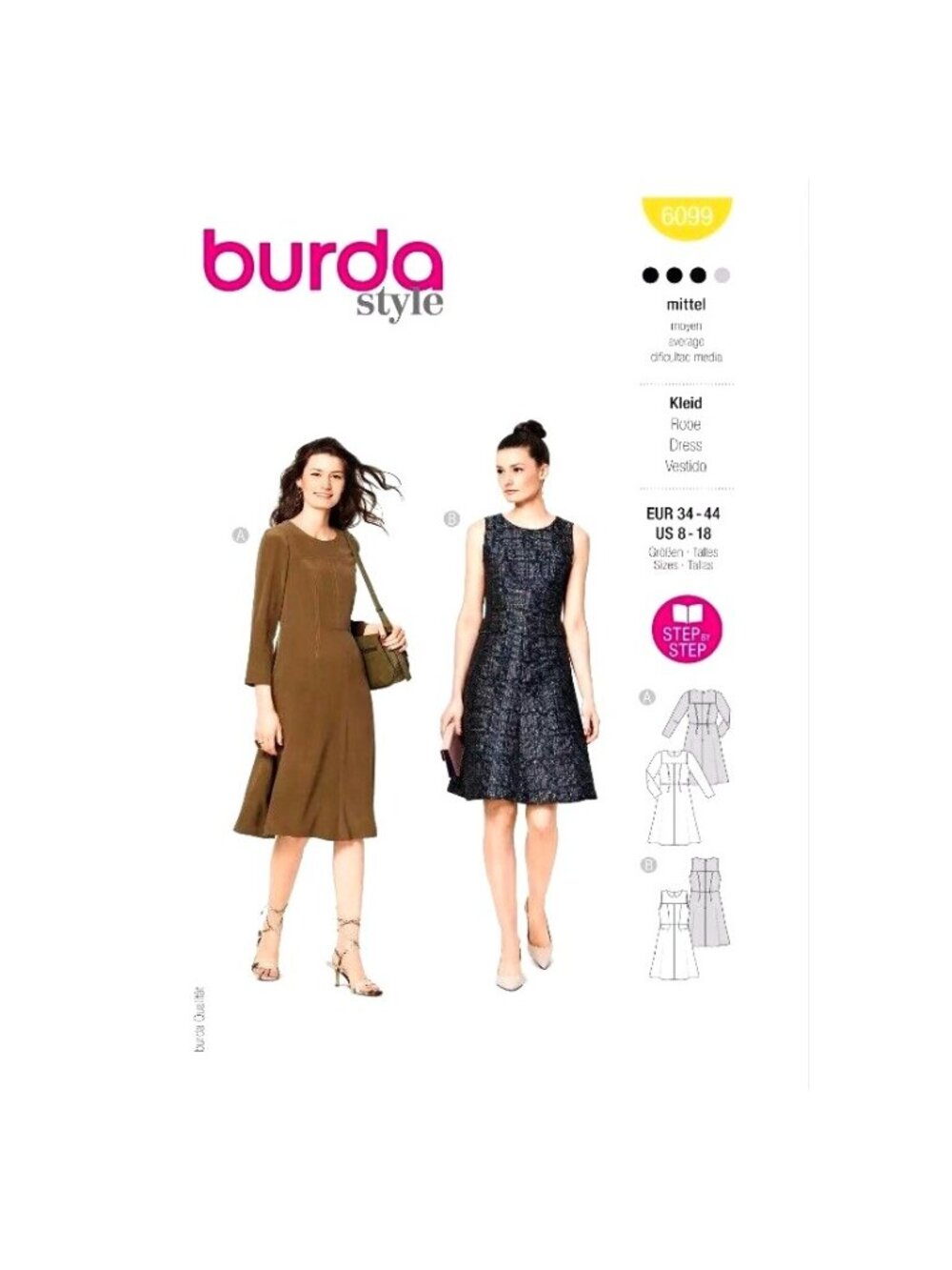 BURDA New Uncut Pattern 6099 Misses Shift Dress Long/No Sleeve Pattern 8 - 18